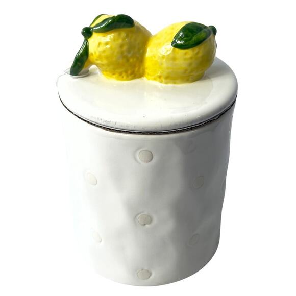 Ceramic Lemon Topper Cookie Jar – White Polka Dot Kitchen Canister- Decorative - Picture 4 of 4